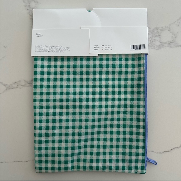 NWT BAGGU Go Pouch Set of Two in Large and Small Size Green and White Gingham - Picture 8 of 8